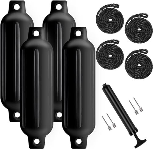 Turmaster Boat Fenders 4 Pack 6.5'' x23'', Ribbed Twin Eyes Boat Fenders Bumpers for Docking, Inflatable Marine Boat Bumper with 4 Ropes, 4 Needles and 1 Pump，Black