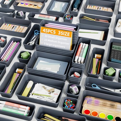 45 Stücke Schubladen Organizer Büro mit 3 Größen, Schminktisch Make Up Organizer Schublade, Aufbewahrung Schreibtisch Organizer Schubladen Ordnungssystem für Küchen, Schlafzimmer, Bad, Büro, Grau