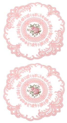 QUARKZMAN 2 Stück Retro Spitzen Tischset Spitzendeckchen, Französische Häkeldeckchen Runde Bestickte Hohle Tassen Vasen Tischmatte für Esstisch Küche Party 28x28cm, Hellrosa