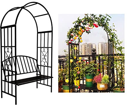 Garten-Rosenbogen mit Bank, Laubenbogen aus Metall, Rosengitter für den Außenbereich, Pergola, Kletterpflanzen-Torbogen, röhrenförmig, 114 cm breit x 205 cm hoch, Schwarze Gartenlauben und Bögen aus