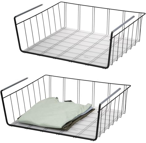 eluno Schrankkörbe 2er Set inklusive Einlegeböden und Kratzschutz, Aufbewahrungskorb Organizer für Küche, Speisekammer, Büro, Bücherregal, Schrank, Schränke, Badezimmer, Unterregal, schwarz (Schwarz)