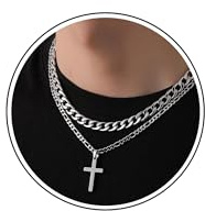 Rajputana Silber Kreuz Halskette für Männer Edelstahl Kette Herren Mens Silver Cross Chain Necklace Silberkette Herren Geschichtete Kubanische Figaro Kette Halskette Christliche Schmuck Geschenke