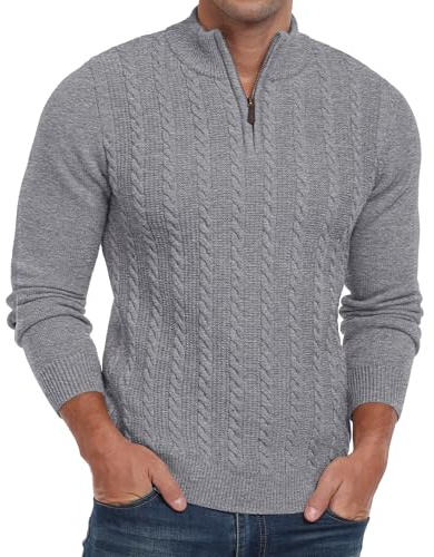 Hisir herr dragkedja jumper kabelstickad vinter rund hals tröja långärmad tröjor vardaglig tröja för män, Ljusgrå, L