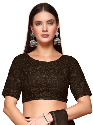OOMPH! Zari Work Readymade Brocade traditionell etnisk blus med bladmönster och rund hals att kombinera med sari, bengas eller plazzo för fusion, Mehendi Green, 36