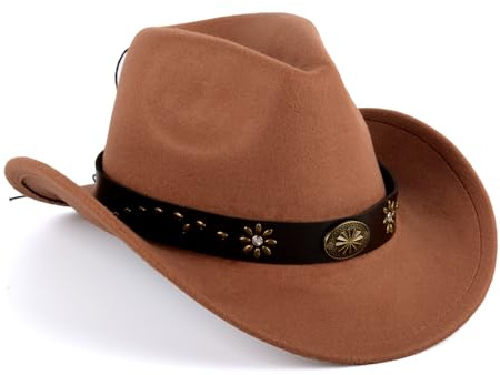SIGONE Cowboyhut für Damen und Herren, Cowboyhut mit Metallbesatz, bequeme, braune Baumwoll-Polyester-Mischung, stilvolle Cowboyhüte für Damen, Cowboyhüte für Herren, Cowboy-Outfit, Accessoire
