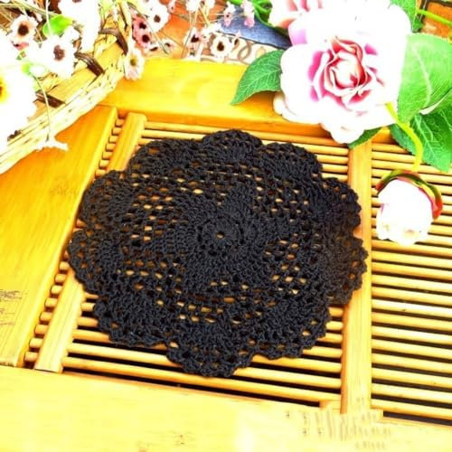 Blausky 2 Stück Runde Bestickte Tischmatte,Häkeldeckchen,Spitzendeckchen Tischset Kleine Häkeln Tischläufer Baumwolle Untersetzer,Tischdecken für Tassen Schalen Teller Vasen Antike,20 cm,Schwarz