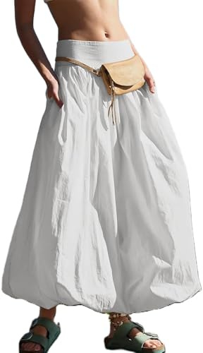 Summer Bubble Y2k Maxi Skirt for Women Casual Trendy Long Skirt Elastic Waist A Line Ruffle Maxi Skirt White