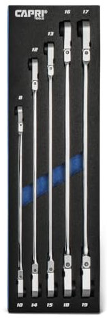 Capri Tools 90 Zähne Extra Langes Doppelsteckschlüssel Umschaltknarrenschlüsselsatz Keilzahn 8 bis 19 mm metrisch 5-teilig mit 10 Boxendgrößen mit Merchanic's Tray