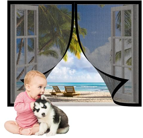 Mosquitera Ventana Extensible 117 x 109 cm sin Taladrar Marco Magnético para Mosquitera Cierre Automaticamente para Ventanas Balcón Patio, Negro