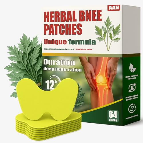 64 Pieces, Knee Pain Relief Patches, Warm Herbal Plaster Patches, Strong Self-Heating, 12 Hours Lasting Relief & Support for Knee Joints、Wormwood Patch
