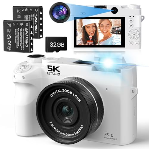 LAMA Appareil photo numérique à double objectif, caméra de vlogging autofocus 5K 75 MP avec carte SD 32 G, appareils photo compacts avec écran de 3,0, zoom numérique 18x pour enfants, adolescents