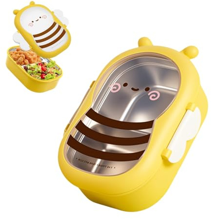 LNSYSNS Fiambrera Compartimentos 1000 ml, Acero Inoxidable Loncheras para Niños, Diseño de Abeja Fiambreras Comida Trabajo, Caja de Almuerzo con 2 Compartimentos, para Comidas, Snacks, Frutas
