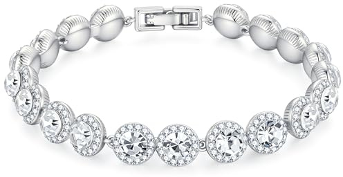 M MOOHAM Tennis Bracelet for Women - Dainty Silver Plated Cubic Zirconia Tennis Bracelet for Women Classic Round Cubic Zirconia Bracelets Prom Bracelets Jewelry Wedding Gift for Womens