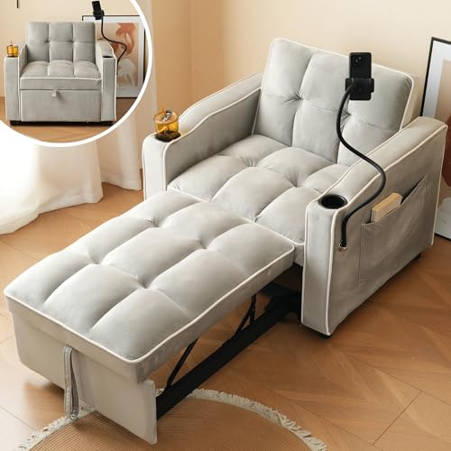 Sofá Cama Individual 3 en 1 con Tapizado de Terciopelo,Extraíble y Respaldo Ajustable,con Portavasos y Soporte para Móvil,Sillón Cama,para Apartamento y Dormitorio,Gris Blanco Antiguo,83x167x76cm