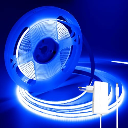 iNextStation 5M LED Streifen Blau 12V COB Dimmbar CRI93+ mit Netztei | LED Strip Lights Breite 8mm Schneidbar Selbstklebend Lichtband, Leiste für Küche Schlafzimmer TV Backlight Bar Ostern Deko