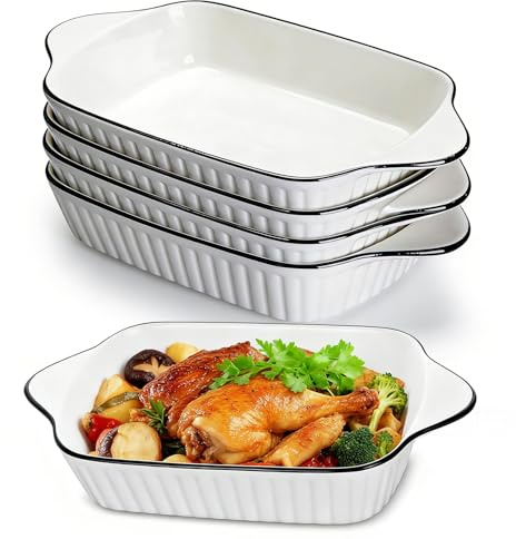 Casserole Dish, 27 x 15cm Ceramic Baking Dishes, Rectangular Lasagna Pan Deep with Handles for Baking, Oven Safe Bakeware for Roasting, Desserts, Durable & Giftable, White(4 PACK）
