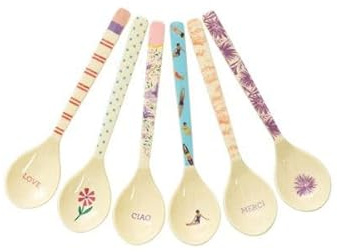RICE Teelöffel 6er Set – Melamin Löffel 14,5 cm – Designs sortiert & mehrfarbig – ideal für Kaffee, Tee, Dessert, Joghurt & Müsli – leicht & robust – max. 70°C