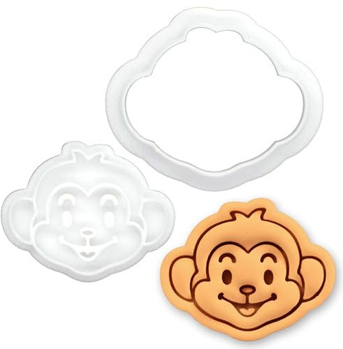 BAKERLOGY Monkey Face Mini Cookie Cutter and Stamp Set – Cute Monkey Head Biscuit Cutter Fondant Embosser for Safari Theme Baking, Jungle Party Cupcake Toppers, Zoo Animal Dessert Decoration Tool