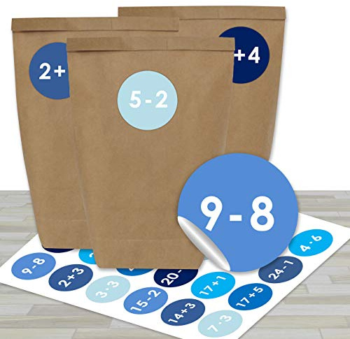 Papierdrachen Adventskalender zum Befüllen - mit 24 braunen Papiertüten und 24 blauen Aufklebern - zum Selbermachen und Basteln - Mini Set Nr 9 - Weihnachtskalender für Kinder