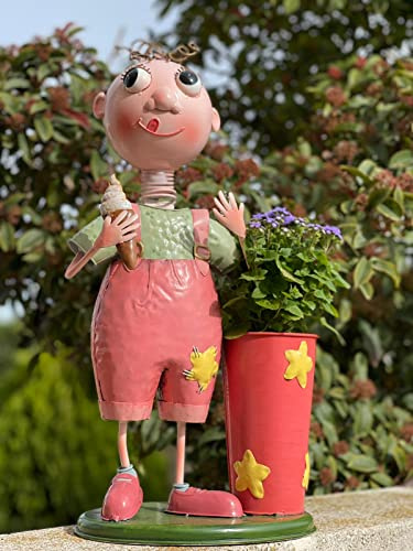 CAPRILO Figura Decorativa de Metal con Macetero Niño con Helado. Decoración Hogar y Jardín. Adornos y Esculturas. Regalos Originales. 29 x 22 x 56 cm.