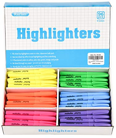 Rarlan Highlighters, Chisel Tip, Assorted Fluorescent, 96 Count Bulk Pack