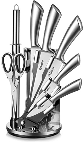 Velaze Messerblock Messer Set 8-teilig, Küchenmesser Set aus Edelstahl, Profil Messerset mit Kochmesser Fleischmesser Brotmesser Küchenschere Wetzstahl, Ergonomischer Griff, Extra Scharf