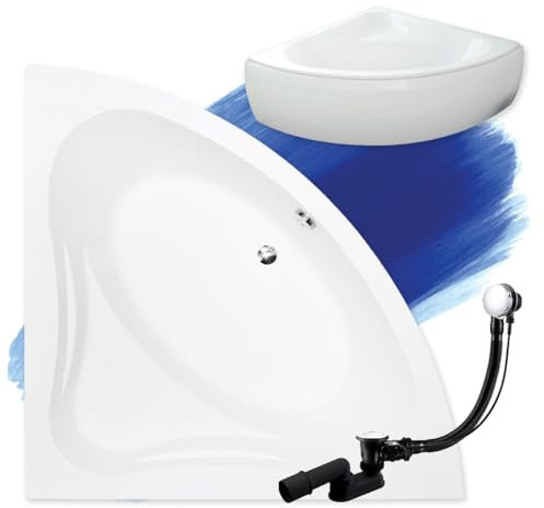 BADLAND Badewanne Original Weiß Acryl Wanne Eckbadewanne MIA 140x140 KOMPLETTSET SET mit Weiß Acrylschürze + Füßen und Exklusive Chrom Automatik Ablaufgarnitur Made in EU 4in1