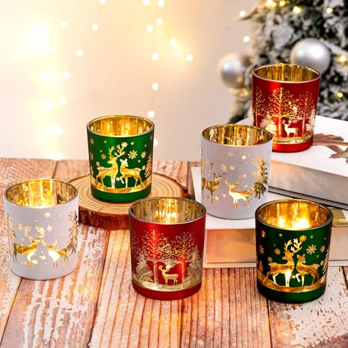 Christmas Glass Votive Candle Holders, Christmas Candle Holders Decorations, Set of 6 Glass Candle Holder, Chris tmas Tea Light Holders, Table Centerpieces Party Decorations (Snow/Xmas Tree/Reindeer)