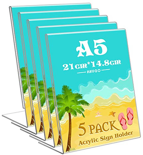 VAIIGO DIN A5 Aufsteller Acryl, L-Ständer Tischaufsteller schräg, Werbeaufsteller, glasklar Plexiglas Acryl Plakathalter , L-Aufsteller im Hochformat, transparenter Infoständer 5 Stück