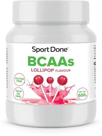 SportDone - BCAA 4:1:1 en Polvo 500 g | Sabor Lollipop | 2,13 g L-Leucina por dosis | Enriquecido con L-Isoleucina y L-Valina | Sin gluten ni aceite de palma | 5 g por ración