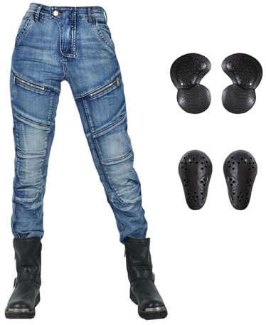 LOMENG Motorcycle Riding Pants Slim Stretch Motorbike Racing Jeans All Season with CE Knee Hip Removable Armored for Women Blue size30