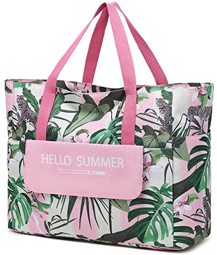 Myhozee Borsa Mare Grande xxl Famiglia,Borsa da Spiaggia Donna， con chiusura lampo, borsa estiva da spiaggia, impermeabile, per piscina,gite in spiaggia picnic viaggi Foglia verde (Foglia Rosa)