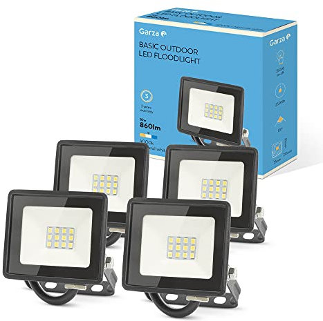 Garza - PACK 4 Focos de exterior LED, 10W, 860 lumenes, Luz neutra 4000K, Proyector LED Impermeable (IP65) para Casa, Jardín, Terraza, Garaje, Patio