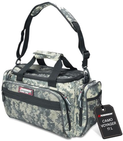 Robinson Angeltasche | robuste Anglertasche mit Schultergurt & Fächern | Strapazierfähiges Gewebe · Geräumige Hauptkammer · Seiten- & Fronttaschen · Camo, Medium · 800 g