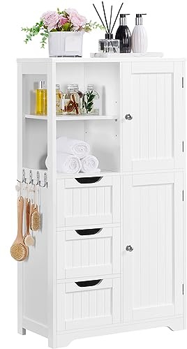 Yaheetech Bathroom Floor Cabinet with 3 Drawers and Door Cabinets, Freestanding Storage Cabinet with Adjustable Shelves and Side Hooks for Bathroom Living Room Kitchen, 107 cm Height