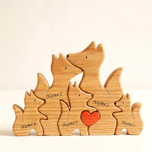 Winscoy Personalisierte Fuchsfamilie aus Holz mit 2–6 Namen, individuelles Holzornament als Familienandenken, Tischdekoration, personalisiertes Geschenk für Mama, Papa, Hochzeit, Geburtstag