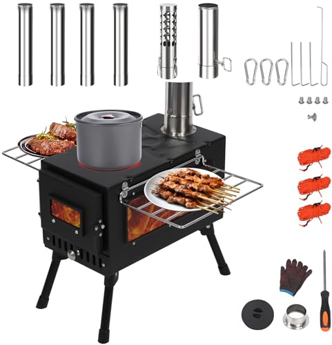 REDCAMP Estufa de tienda de campaña, estufa plegable de leña, estufa de leña portátil con chimenea resistente al viento para cocinar al aire libre, color negro