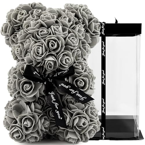 TJC 28cm Rose Teddy Bear Flower Bear with Gift Box Birthday Romantic Valentines Gifts for her Girlfriend Love Friends Wife Fiancée PE Material with Bow Tie Everlasting Forever Grey