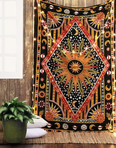 RAJRANG BRINGING RAJASTHAN TO YOU Himmlischer Sonnen-Mandala-Wandteppich für Schlafzimmer und Wohnzimmer, Bohemian-Wandbehang, Baumwoll-Wandteppiche, Orange, 127 x 152 cm