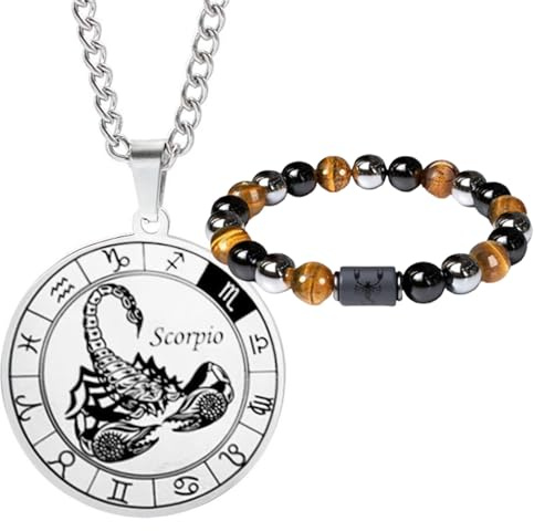 Caimety Ensemble Collier et bracelet signe du zodiaque pour homme - Collier de constellation - Pendentif acier inoxydable - Bracelet élastique perles - Cadeau anniversaire