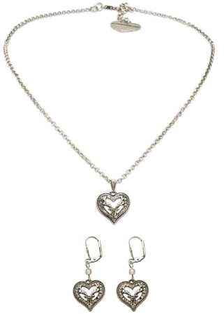 Alpenflüstern Trachtenschmuck-Set Metall-Trachtenkette und Trachten-Ohrhänger Strassherz-Hirsch - Damen Trachten-Schmuck Trachtenset Dirndl-Kette und Trachten-Ohrringe (antik-silber-farben) SET058