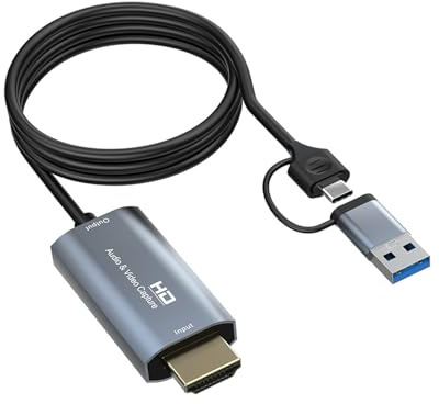 USB Audio Video Capture Card, HDMI to USB/USB C 3.0 Capture Card with 1.8m Cable, 1080P HD 60fps Live and Record Video Audio Grabber for Gaming, Streaming, Teaching, Video Conference