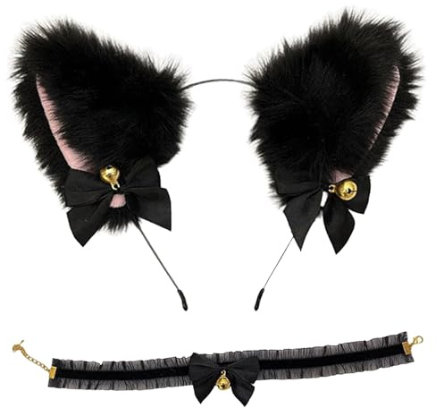 Melldrry 2 Stück Katzenohren Haarreif, Fuchsohren Stirnband Haarnadel, Anime Katze Cosplay, Niedlich Haarschmuck,Plüsch Haarreifen für Kinder Und Damen, Cat ears für Halloween Cosplay Schwarz