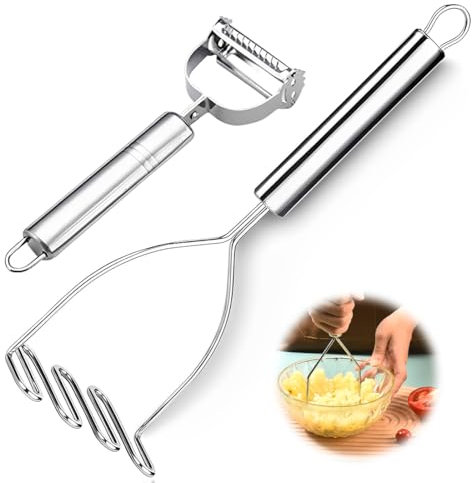 Triturador De Patatas, con Pelador, Cortador De Patatas De Metal Resistente De Acero Inoxidable Con Pulidor De Espejo, Triturador De Mano, Triturador De Frutas Y Verduras (9,6 Pulgadas),