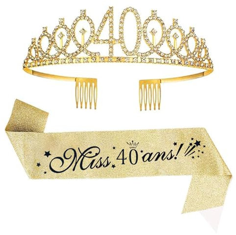 (2 pcs) 40 Ans Femme Couronne 40 Ans Anniversaire Echarpe 40 Ans Diadème Tiare de Couronne 40 Ans Écharpe Happy 40th Birthday Décoration Ensemble d'anniversaire 40 Femmes