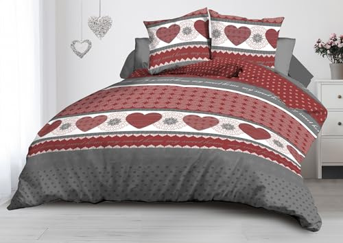Parure Drap Plat + Drap-Housse 140x190 + 2 Taies - Microfibre - Coeurs Rouge