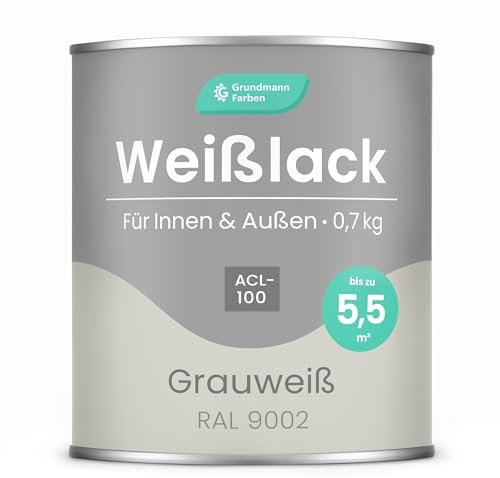 Grundmann Weisslack - 0,7 Kg - RAL 9002 Grauweiss - Seidenmatt - 4in1 Grundierung & Decklack - Premium Weißlack - Hohe Beständigkeit & Deckkraft - Holz, Metall, Kunststoff