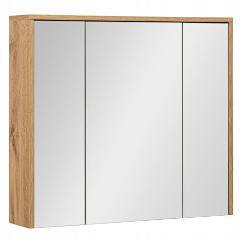 VBChome Badezimmerschrank mit Spiegel 80x70x16 cm 3 Türen Eiche Wotan – Hängeschrank mit Soft-Close-System und Glasregalen