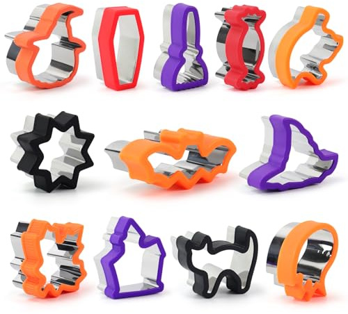 12PC Halloween Cookie Cutters with Protective Covers, Stainless Steel Bread Cutters Biscuit Cutters Sandwich Cutters with Spiderweb, Coffin, Candy, Witch Hat, Pumpkin, Bat Shaped Mold
