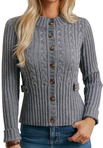 GRACE KARIN Slim Fit Chunky Knit Cardigans for Women UK, Crewneck Stand Collar Winter Jackets Elegant, Business Work Blazer Sweater Tops Gray M